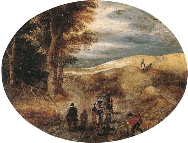 A Hilly landscape with a Horse-Drawn cart and other